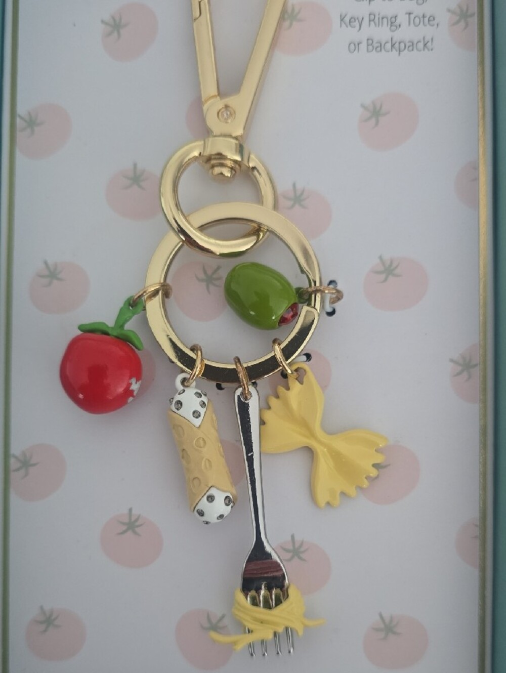 True To Form Gold Handbag Charm Key Ring with Red & Green Food Charms Pasta - Picture 2 of 3